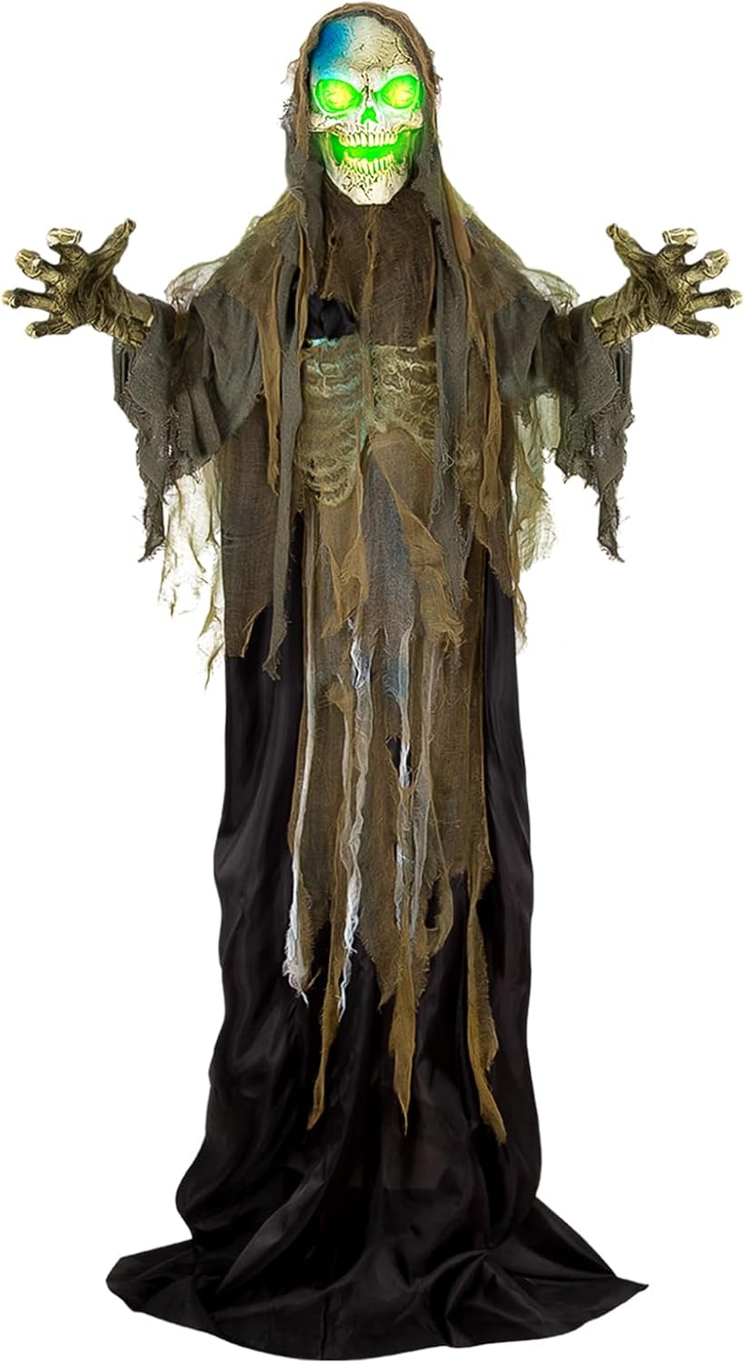 Tall hooded ghoul with a skeletal face and glowing eyes in tattered brown and black robes