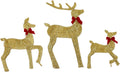 Three gold reindeer figures with red bows, a buck and two smaller deer
