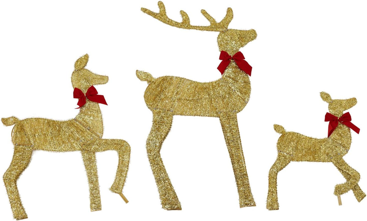Three gold reindeer figures with red bows, a buck and two smaller deer