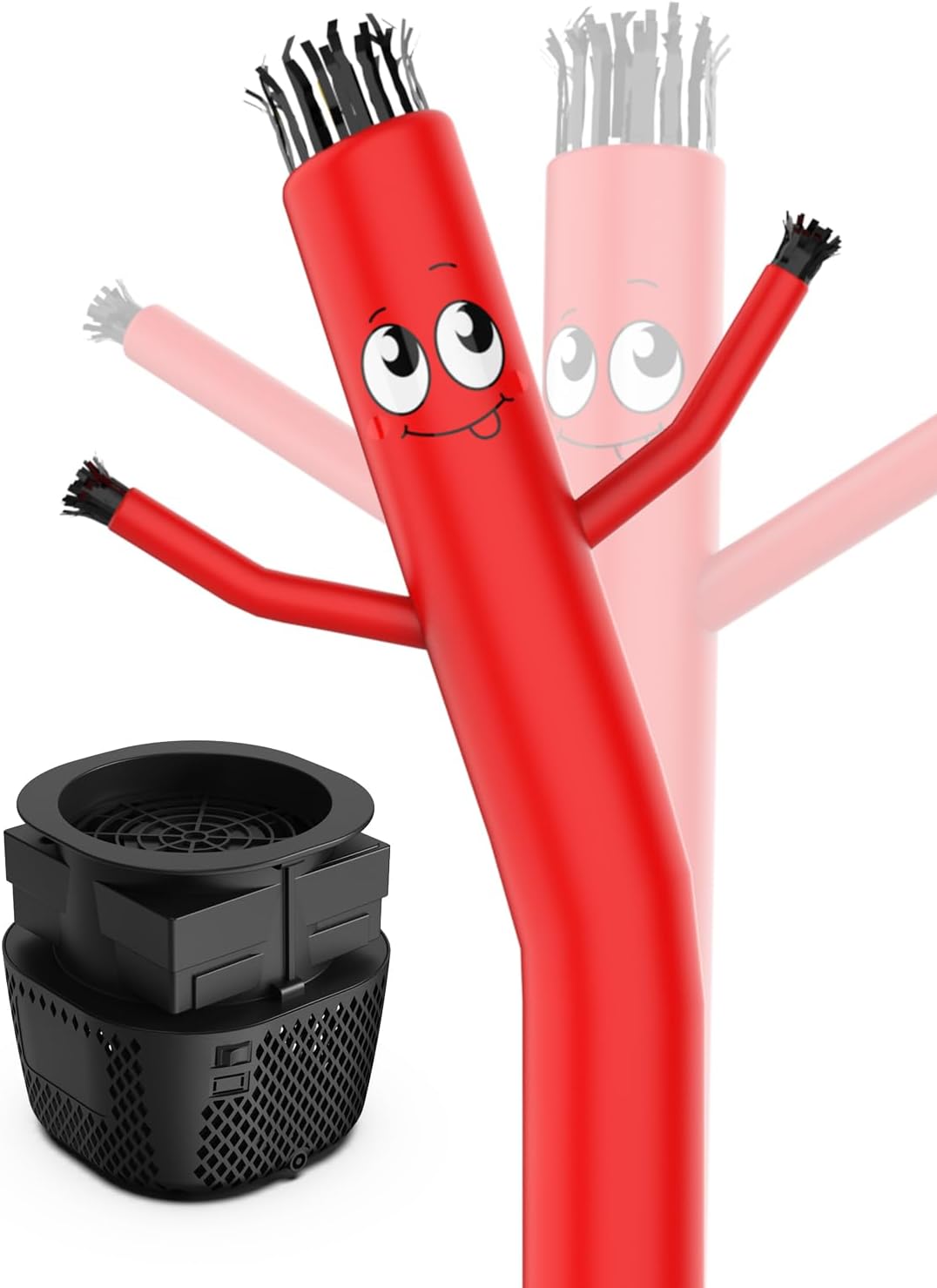 Red tube man inflatable with a cartoon face and waving arms beside its black blower