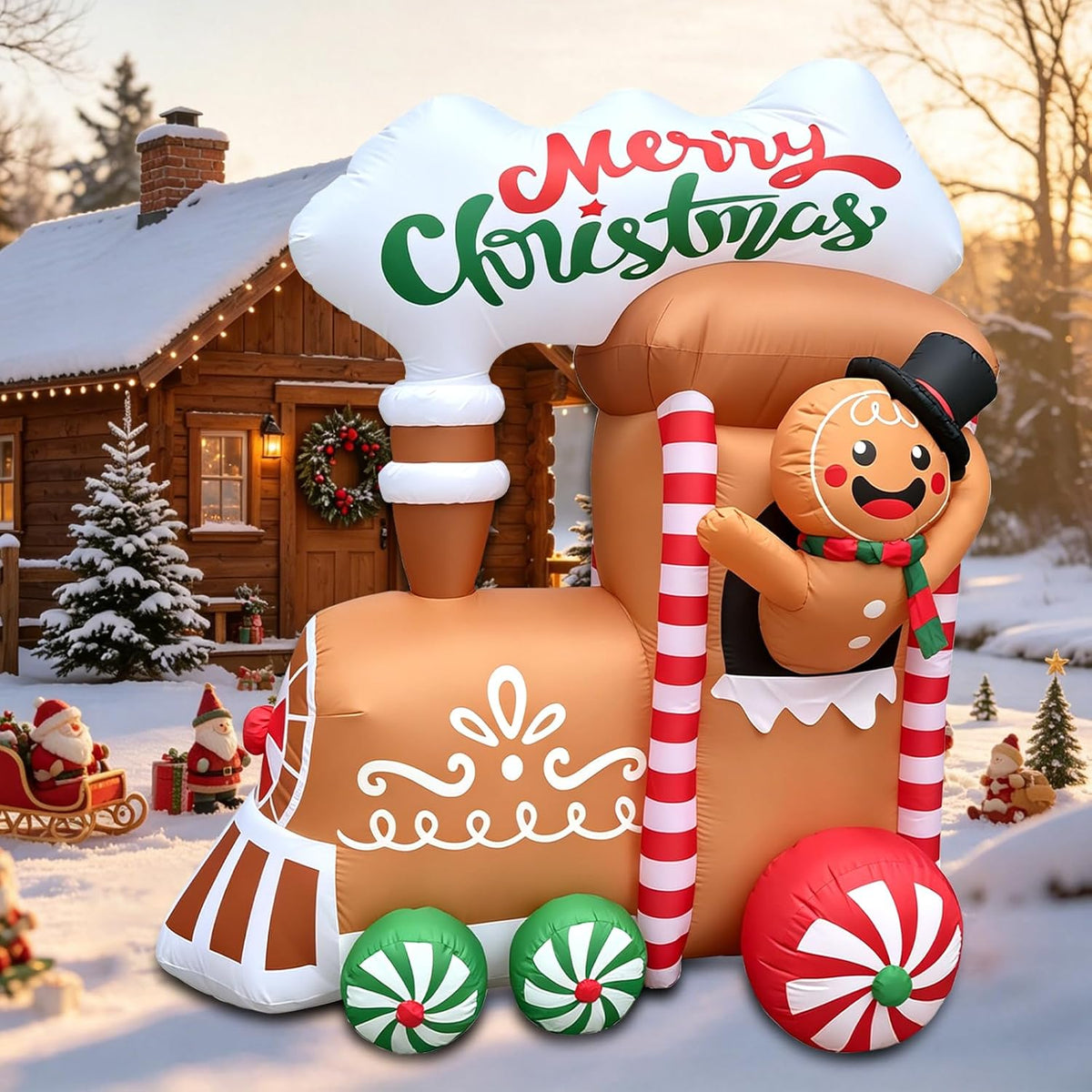 Gingerbread train inflatable with peppermint wheels and a waving gingerbread man under a Merry Christmas sign