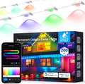 Permanent outdoor eave light pods glowing in several colors with the product box and a phone app