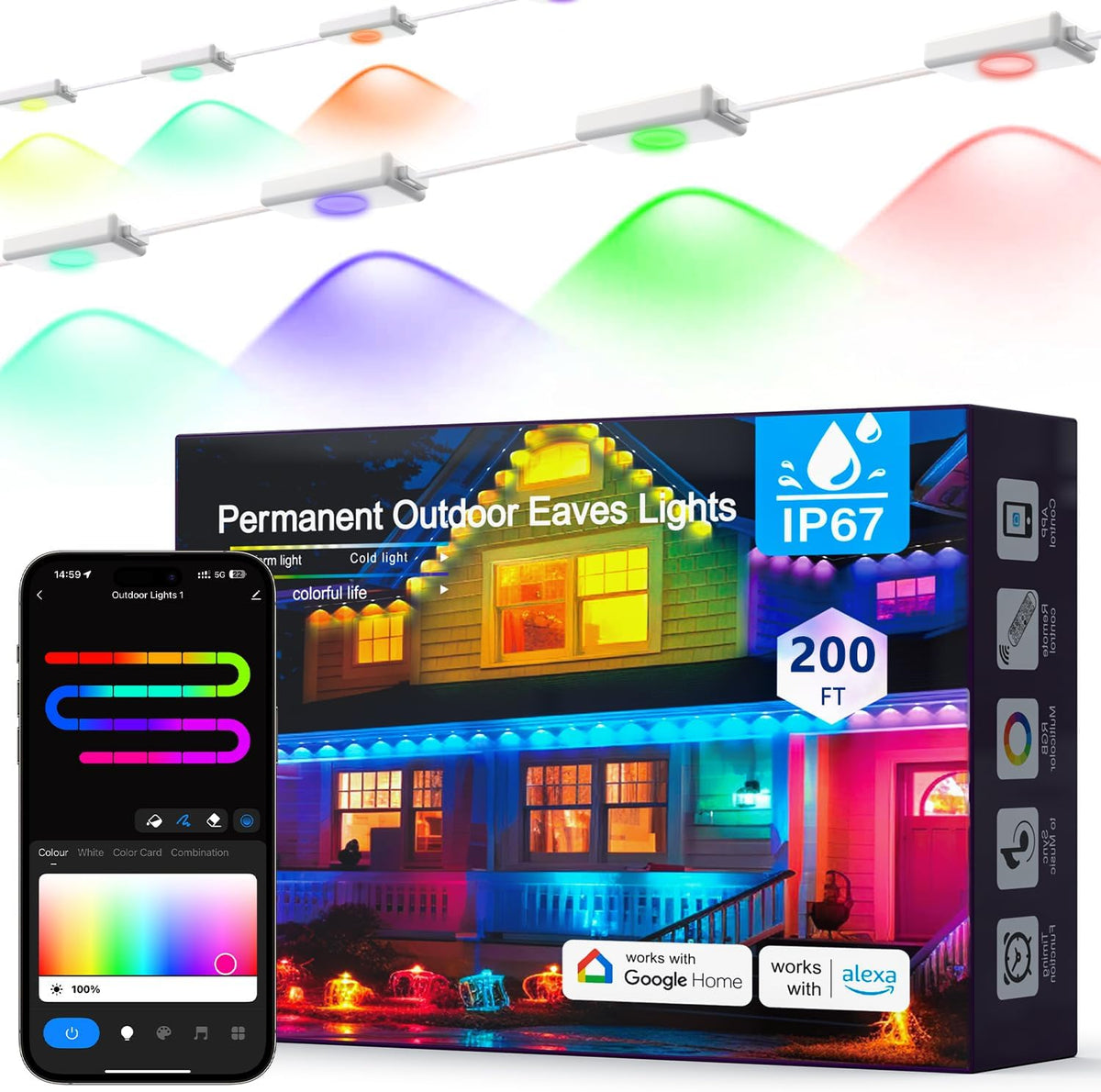 Permanent outdoor eave light pods glowing in several colors with the product box and a phone app