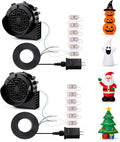 Two black replacement inflatable blowers with LED light strings and adapters beside small inflatable examples