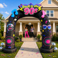 Black Back to the 90s inflatable arch with neon music notes over a front walkway