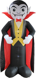 Cartoon vampire inflatable in a red and black cape and gold vest