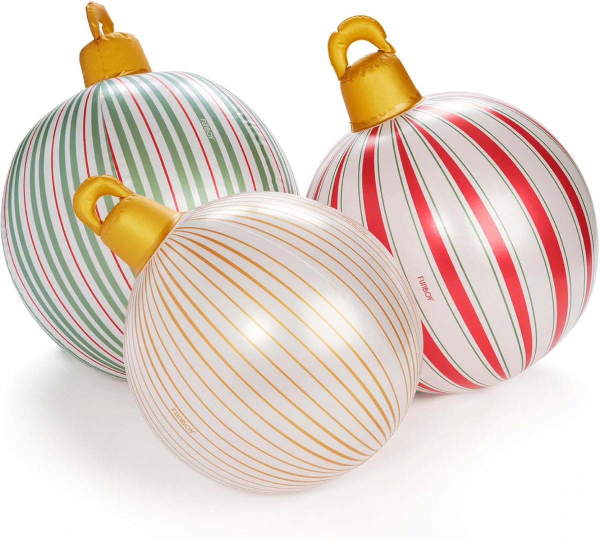 Three large white ornament inflatables with thin red, green and gold stripes and gold caps