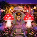 Two red and white spotted mushroom inflatables glowing beside a garden path to a whimsical door