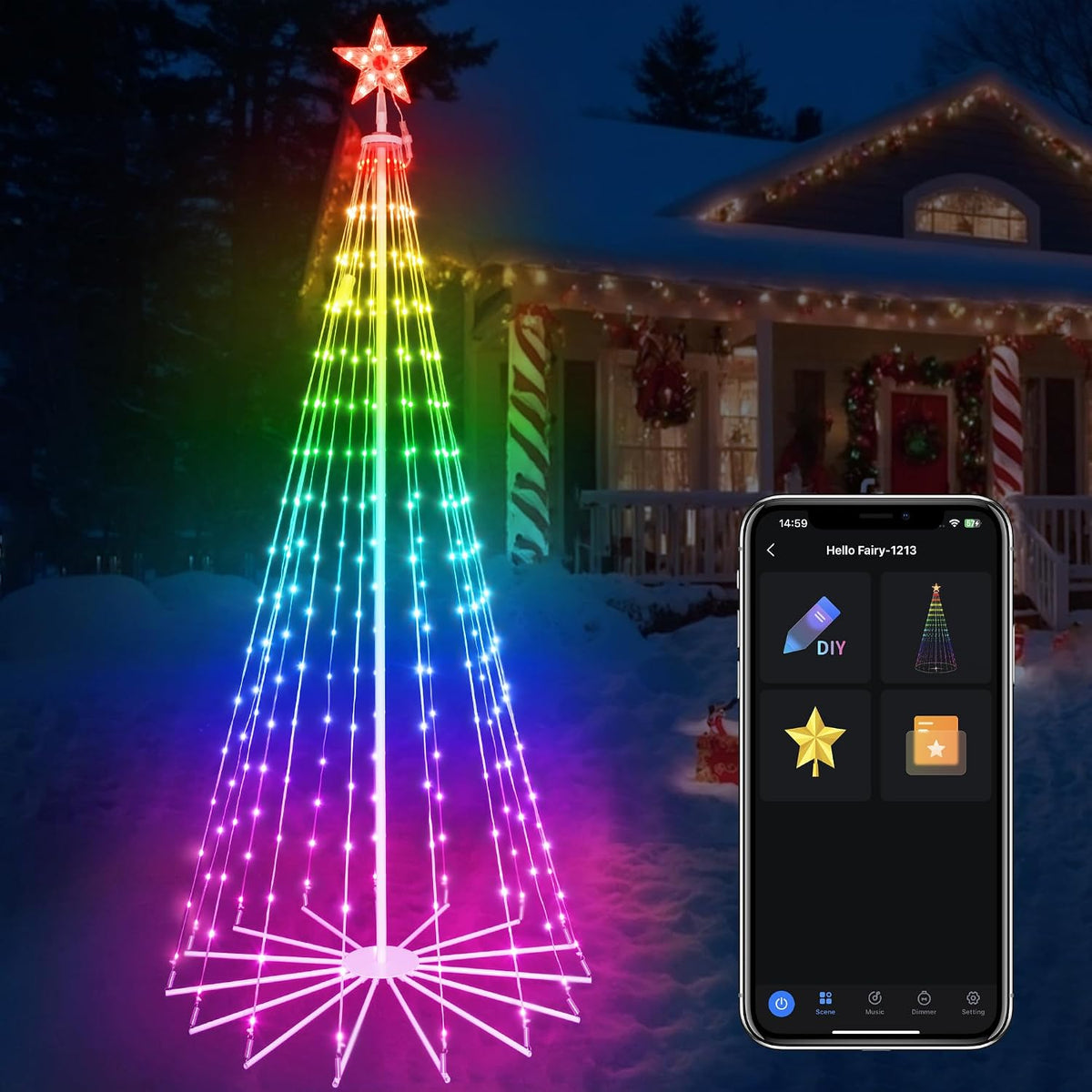 Rainbow LED cone Christmas tree with a star in front of a house, phone app shown