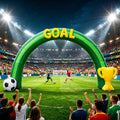 Green GOAL inflatable arch with a soccer ball and a gold trophy in a stadium