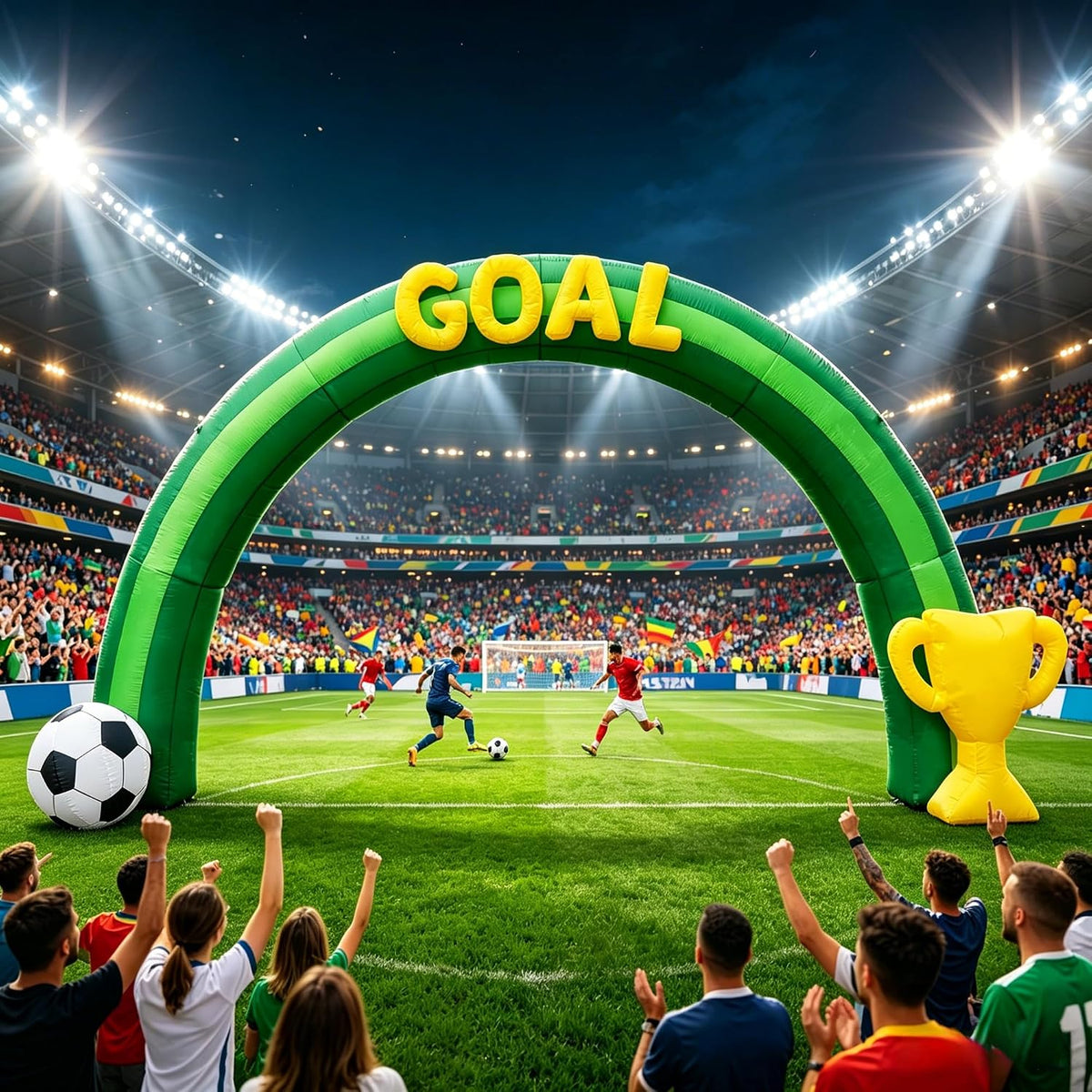 Green GOAL inflatable arch with a soccer ball and a gold trophy in a stadium