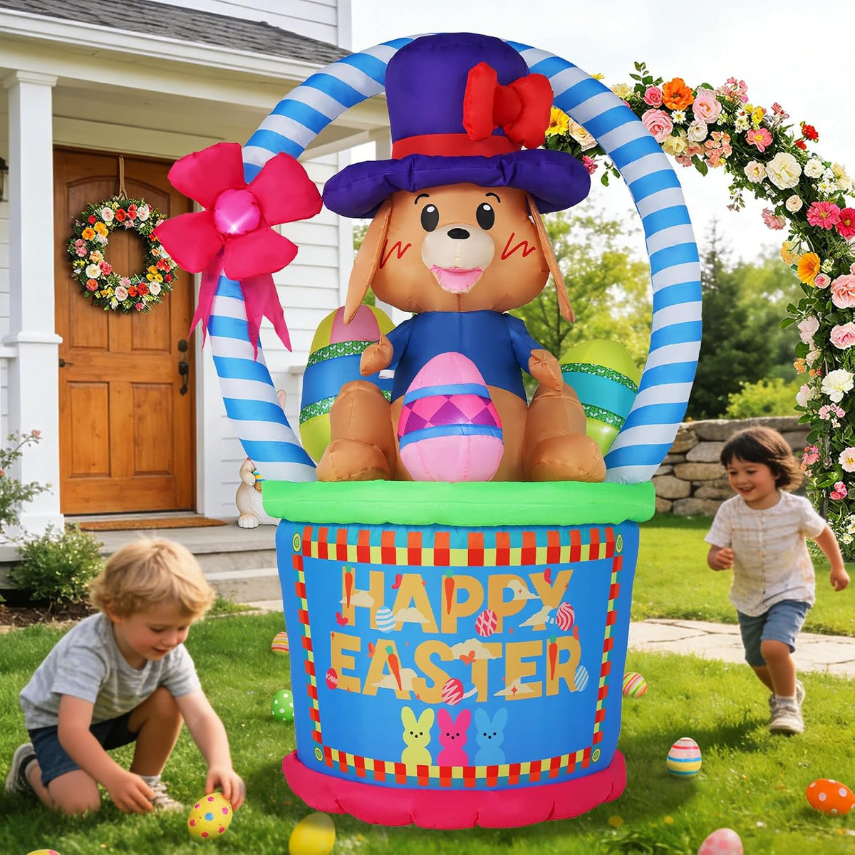 Happy Easter basket inflatable with a bunny in a top hat and a pink bow while kids hunt eggs