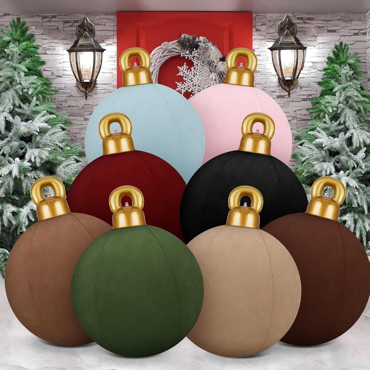 Eight velvet-finish inflatable Christmas ornaments in muted colors stacked in front of a wreath