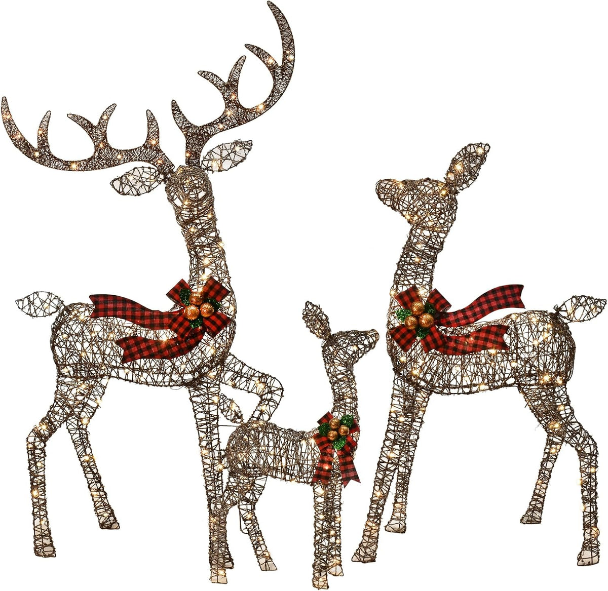 Three brown rattan-look Christmas deer with plaid bows, a buck, a doe and a fawn