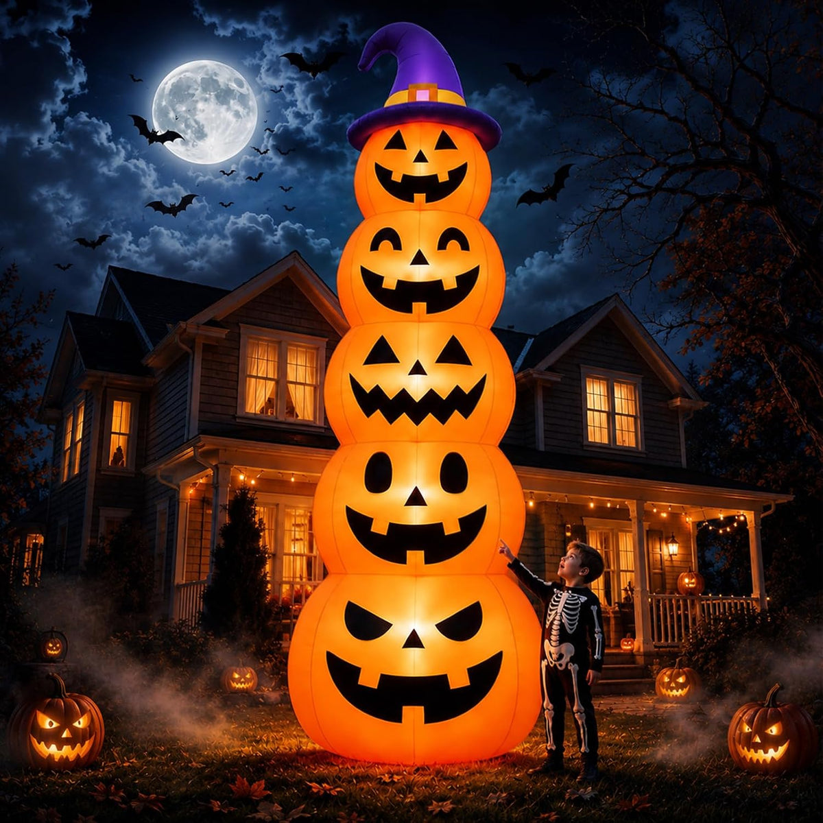 Tall tower of five glowing jack-o'-lanterns with a purple witch hat beside a child at night