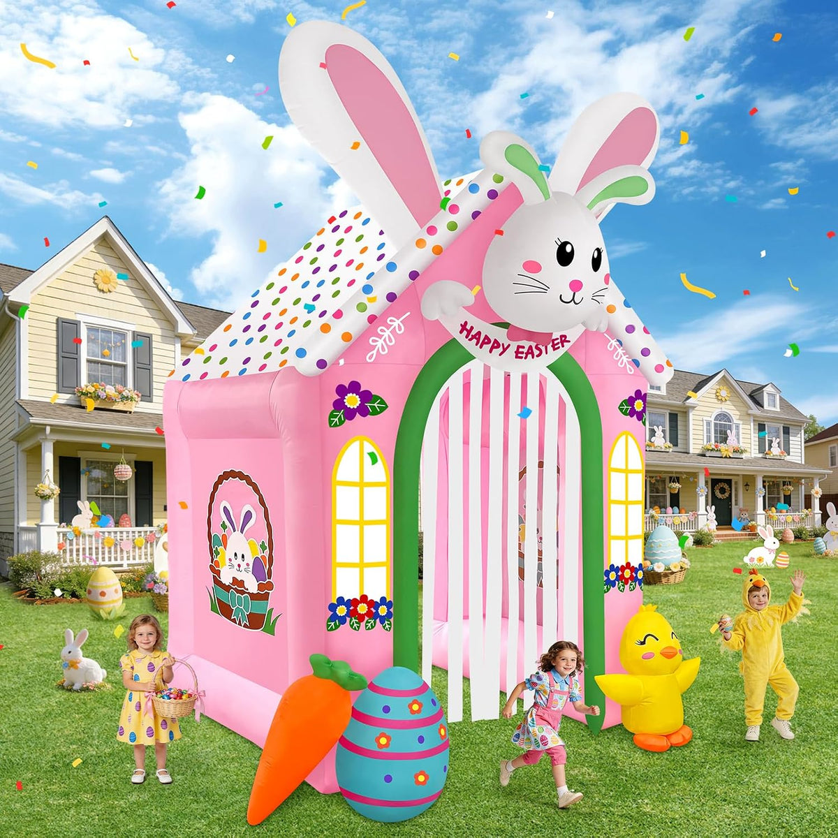Pink Easter bunny house arch inflatable with a carrot and an egg while kids play on a lawn