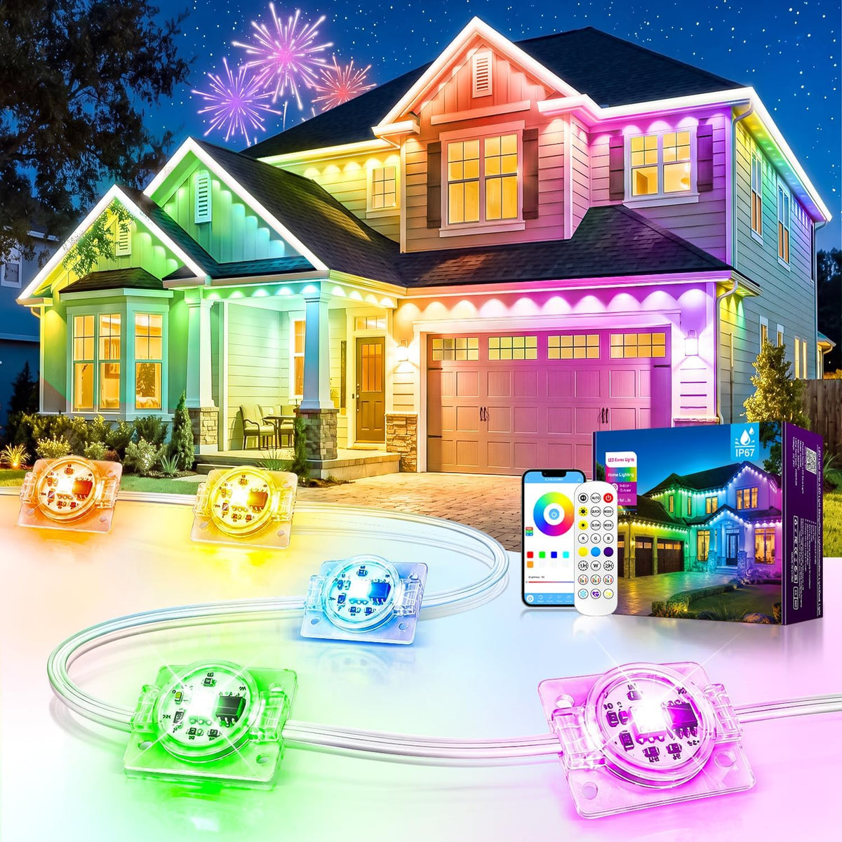 House eaves outlined in rainbow permanent LED lights with close-ups of the light pods and a phone app