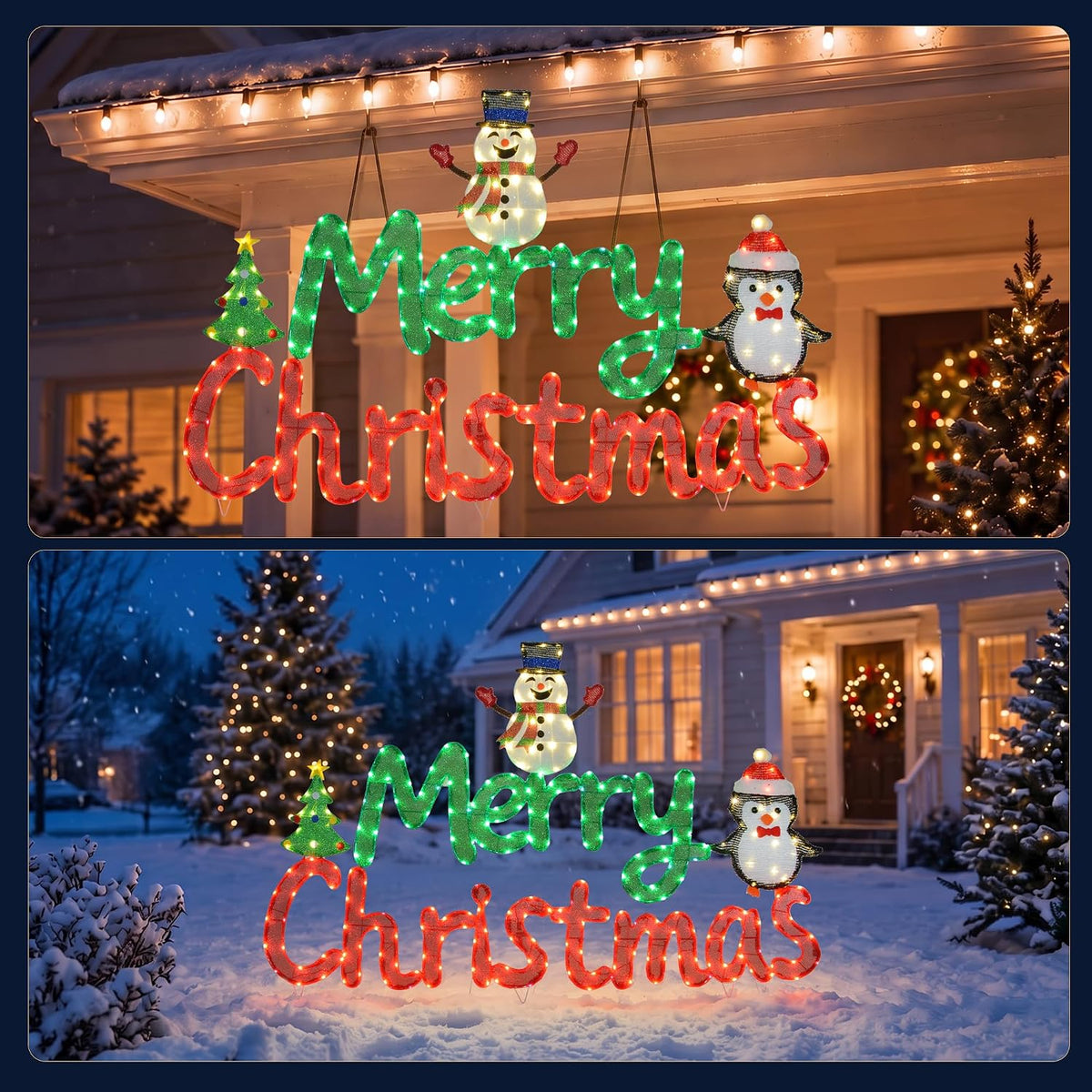 Red and green lighted Merry Christmas sign with a snowman and penguin, shown on a lawn and a balcony