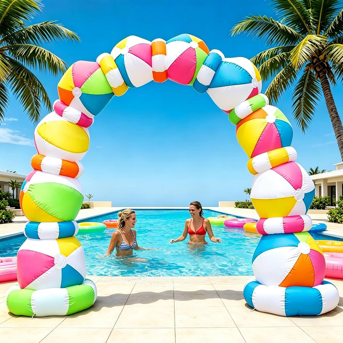 Colorful beach ball arch inflatable beside a pool with two women swimming
